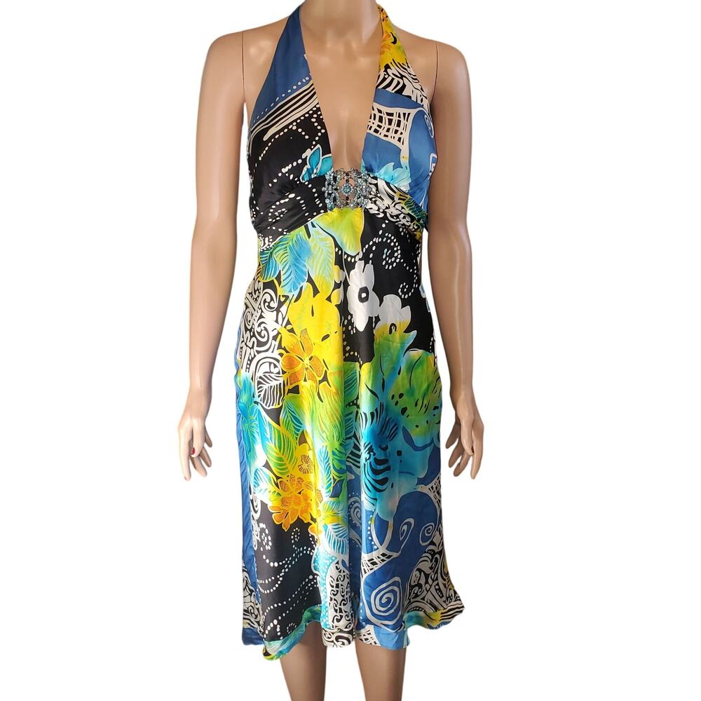 Mary L Couture Vintage Y2K Silk Halter Midi Dress USA Size 4 Asymmetrical Hem